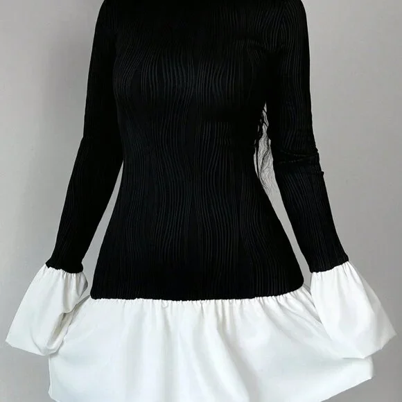 Black And White Elegant Women's Romantic Round Neck Contrast Color Dress - Picture 3 of 5